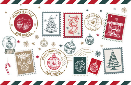 Christmas Stamps, mail, postcard hand drawn illustrations on white.のイラスト素材