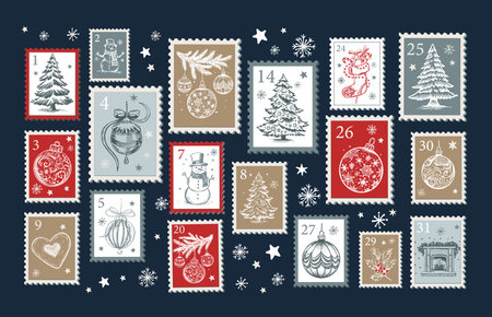 Christmas Stamps, mail, Advent calendar on blue, postcard hand drawn illustrations.のイラスト素材