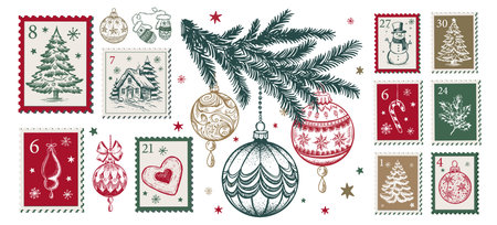 Christmas Stamps, tree, toy, set, Hand drawn illustrationのイラスト素材