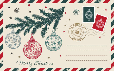 Vintage Hand-Drawn Christmas Postcard with Ornaments and Stampsのイラスト素材