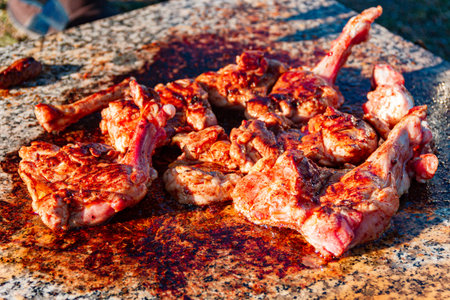 meat of young lamb on the bone is fried on a marble slab. Picnic in nature. delicious juicy grilled...