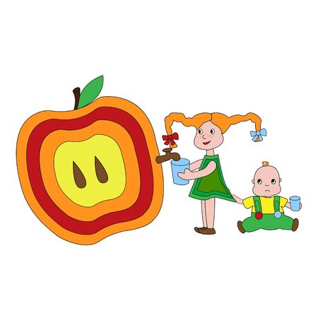 Little girl getting juice from a big apple for her little brother.のイラスト素材