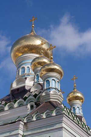 The renovation cupolas of cathedral of Pokrovsky monastery in Kyiv (the capital city of Ukraine) の写真素材