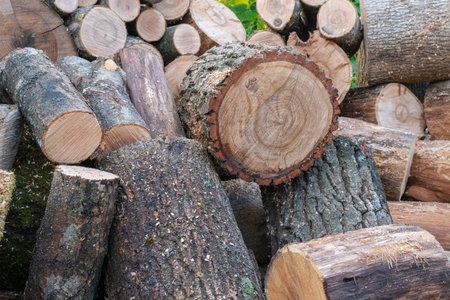 Photography on theme big wall of stacked oak tree logs in cracks. Photo consisting of old oak tree...