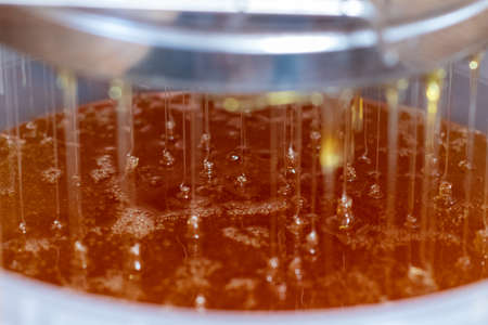 Drop of bee honey drip from hexagonal honeycombs filled with golden nectar. Honeycombs summer composition consisting of drop natural honey, drip on wax frame bee. Drop of bee honey drip in honeycombs.の写真素材