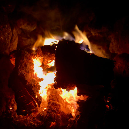 Beautiful flame brown wood dark black coal on bright yellow fire inside metal brazier. Flame burning...