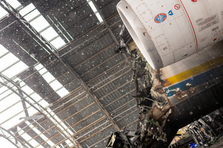Gostomel, Ukraine - Apr. 03, 2022: Largest airplane in world, war destroyed on Ukraine airport by russian troops, war consisting of destruction airplane in airport into small pieces, war in Ukraineのeditorial素材