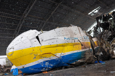 Gostomel, Ukraine - Apr. 03, 2022: Largest airplane in world, war destroyed on Ukraine airport by russian troops, war consisting of destruction airplane in airport into small pieces, war in Ukraineのeditorial素材
