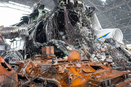 Gostomel, Ukraine - Apr. 03, 2022: Largest airplane in world, war destroyed on Ukraine airport by...