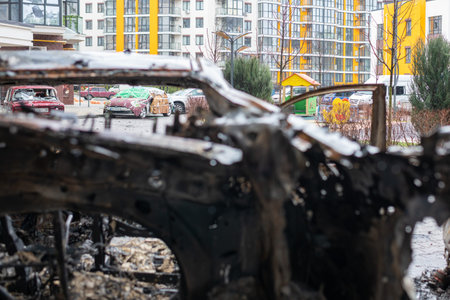 Kyiv, Ukraine - Apr. 03, 2022: Photography to theme war destroyed Ukraine it russian troops, photo...