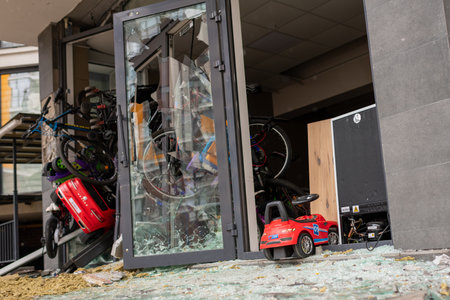 Kyiv, Ukraine - Apr. 03, 2022: Photography to theme war destroyed Ukraine it russian troops, photo consisting of war destroyed Ukraine by russian troops, war destroyed beautiful city is russian troopsのeditorial素材