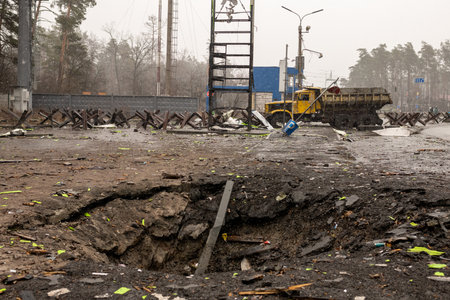 Kyiv, Ukraine - Apr. 03, 2022: Photography to theme war destroyed Ukraine it russian troops, photo consisting of war destroyed Ukraine by russian troops, war destroyed beautiful city is russian troopsのeditorial素材
