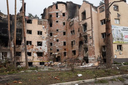 Kyiv, Ukraine - Apr. 03, 2022: Photography to theme war destroyed Ukraine it russian troops, photo consisting of war destroyed Ukraine by russian troops, war destroyed beautiful city is russian troopsのeditorial素材