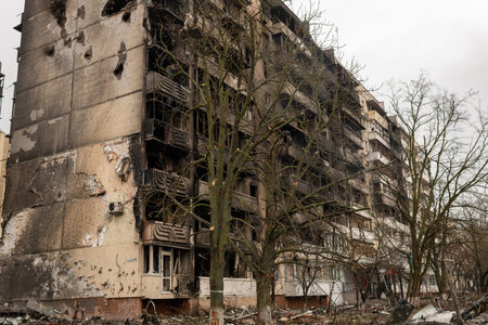 Kyiv, Ukraine - Apr. 03, 2022: Photography to theme war destroyed Ukraine it russian troops, photo consisting of war destroyed Ukraine by russian troops, war destroyed beautiful city is russian troopsのeditorial素材