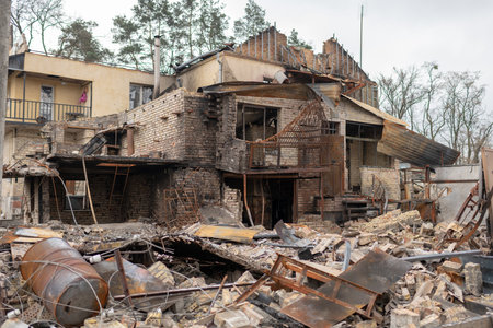 Kyiv, Ukraine - Apr. 03, 2022: Photography to theme war destroyed Ukraine it russian troops, photo consisting of war destroyed Ukraine by russian troops, war destroyed beautiful city is russian troopsのeditorial素材