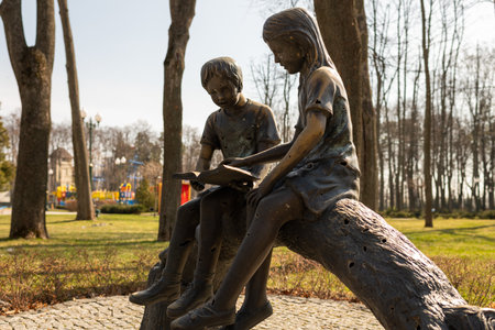 Kyiv, Ukraine - Apr. 03, 2022: Photography to theme famous monument to children during Ukraine war, photo consisting of children monument on war Ukraine, children monument long war in ruined big cityのeditorial素材