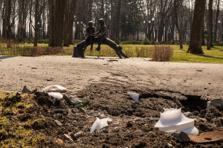 Kyiv, Ukraine - Apr. 03, 2022: Photography to theme famous monument to children during Ukraine war, photo consisting of children monument on war Ukraine, children monument long war in ruined big cityのeditorial素材