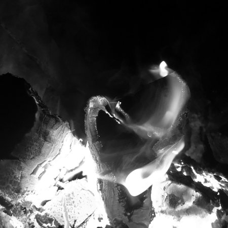 Beautiful flame brown wood dark black coal on bright yellow fire inside metal brazier, flame burning gray coals is natural fire in barbecue, hot flame preparation for cooking barbecue to coal fireの写真素材