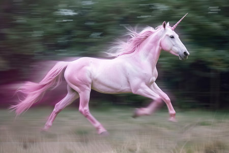 Fantastically beautiful mythological pink unicorn with big long horn, abstract vivid composition consists of fictional unreal fantastic vision on background for diverse creative workの素材