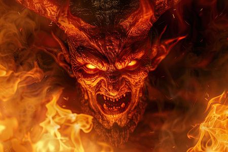 Scary sinister devil is in hell with dramatic bright fire lighting, abstract vivid composition consists of fictional unreal fantastic vision on background for diverse creative workの素材