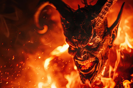 Scary sinister devil is in hell with dramatic bright fire lighting, abstract vivid composition consists of fictional unreal fantastic vision on background for diverse creative workの素材