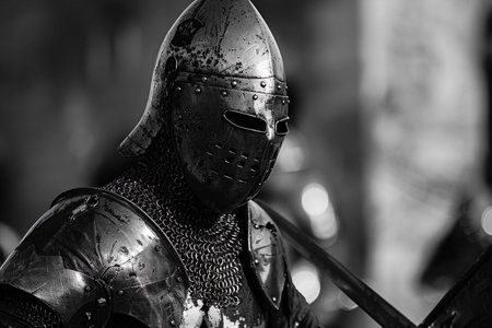 Fantastic beautiful royal knight in iron armor guards castle chambers, abstract vivid composition consists of fictional unreal fantastic vision on background for diverse creative workの素材