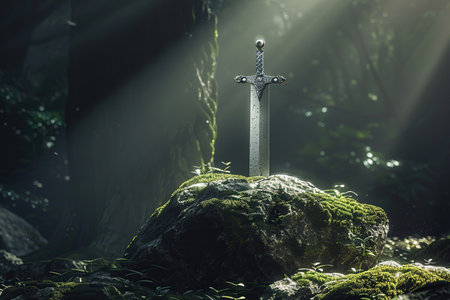 Fantastic weapon royal sword with beautiful handle and sharp blade, abstract vivid composition consists of fictional unreal fantastic vision on background for diverse creative workの素材