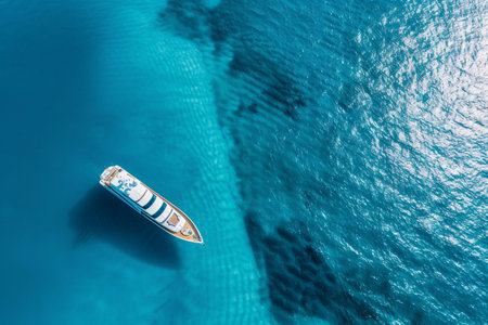 Luxury private big motor yacht in tropical sea with soft blue wave, abstract vivid composition consists of fictional unreal fantastic vision on background for diverse creative workの素材