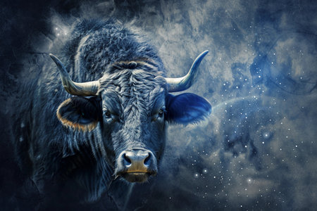 Astrological abstract composition with concept of Taurus zodiac sign symbol, abstract vivid composition consists of fictional unreal fantastic vision on background for diverse creative workの素材