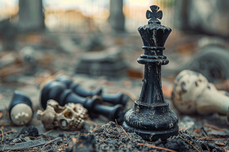 Chess piece standing on checkered game board during strategic game of chess, abstract vivid composition consists of fictional unreal fantastic vision on background for diverse creative workの素材