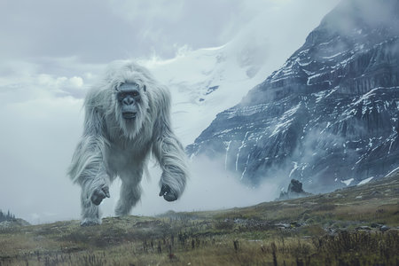 Huge fantasy hairy yeti character in beautiful outdoor nature color, abstract vivid composition consists of fictional unreal fantastic vision on background for diverse creative workの素材