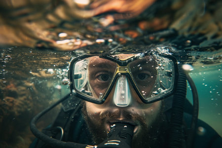 Beautiful diver goes on an underwater adventure in frighteningly deep blue sea, abstract vivid composition consists of fictional unreal fantastic vision on background for diverse creative workの素材