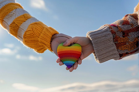 Beautiful colorful decorative heart in strong human hands on bright color, abstract vivid composition consists of fictional unreal fantastic vision on background for diverse creative workの素材