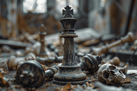 Chess piece standing on checkered game board during strategic game of chess, abstract vivid composition consists of fictional unreal fantastic vision on background for diverse creative workの素材