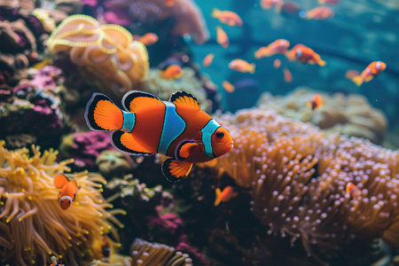 Fantastically beautiful bright clownfish swims in deep sea among color corals, abstract vivid composition consists of fictional unreal fantastic vision on background for diverse creative workの素材