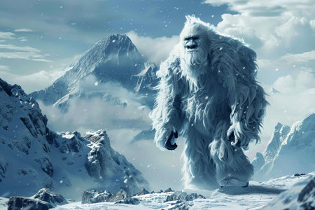 Huge fantasy hairy yeti character in beautiful outdoor nature color, abstract vivid composition consists of fictional unreal fantastic vision on background for diverse creative workの素材