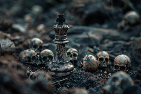 Chess piece standing on checkered game board during strategic game of chess, abstract vivid composition consists of fictional unreal fantastic vision on background for diverse creative workの素材