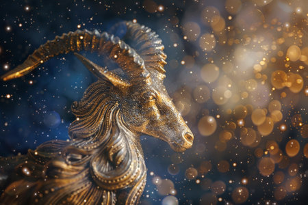 Astrological abstract composition with concept of Capricorn zodiac sign symbol, abstract vivid composition consists of fictional unreal fantastic vision on background for diverse creative workの素材