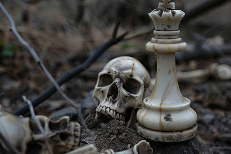 Chess piece standing on checkered game board during strategic game of chess, abstract vivid composition consists of fictional unreal fantastic vision on background for diverse creative workの素材