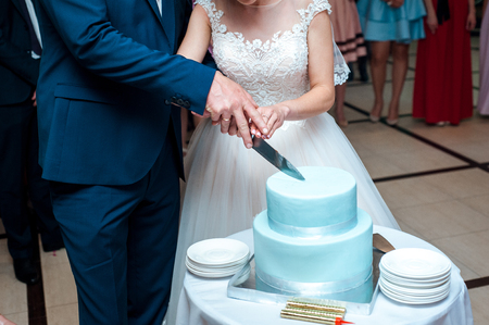 A beautiful blue wedding cake is being cut by the Newlywedsの写真素材