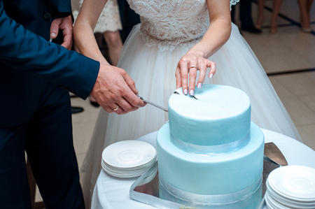 A beautiful blue wedding cake is being cut by the Newlywedsの写真素材