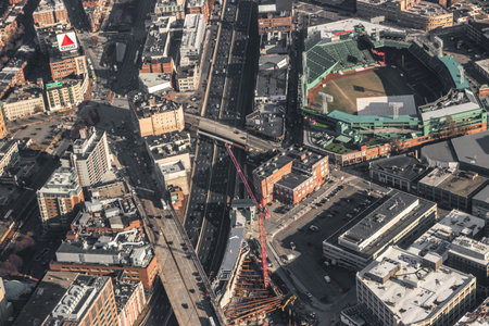Fenway Park aerial view in Boston, Massachusetts. Fenway Park has served as the homeof the Boston...