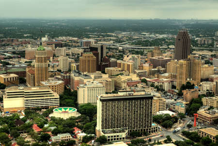 Aerial view of San Antonio downtown skyline including Tower Life Building, San Antonio, Texas, TX, USA.のeditorial素材
