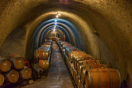Wine barrels stacked in an old cellar at a winery in Sonoma, USAのeditorial素材