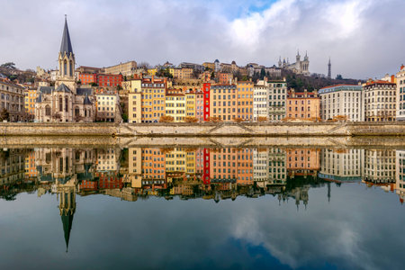 St. George Church on the riverside of the Saone in Lyon, Franceのeditorial素材