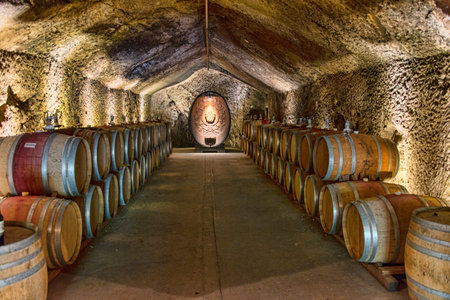 Cask storage in underground wine cellar in Deerfield Ranch Winery in Sonoma Valley. Kenwood, Sonoma...