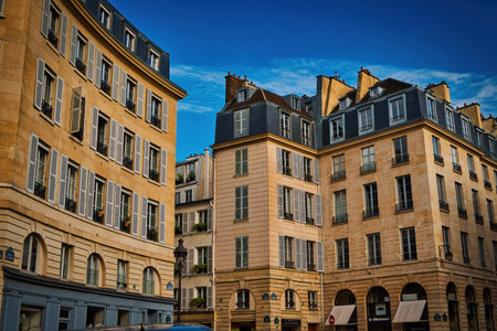 Paris buildings. Old Paris architecture, beautiful facade, typical french houses on sunny day....
