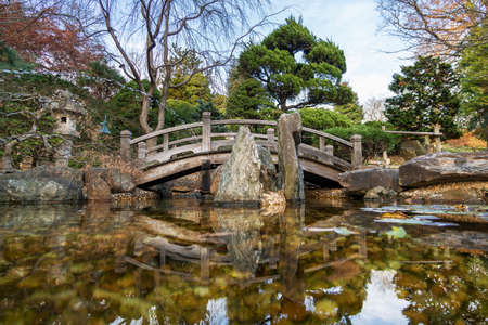 Pool and bridge detail in the Japanese Garden at Hillwood Estate, in Washington, D.C.のeditorial素材