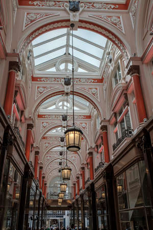 Inside of the Leadenhall market with covered roof and shopping arcade, one of the oldest markets in London, dating back to the 14th century.のeditorial素材