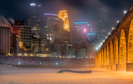 Night photo of Downtown Minneapolis, with Stone Arch Bridgeのeditorial素材